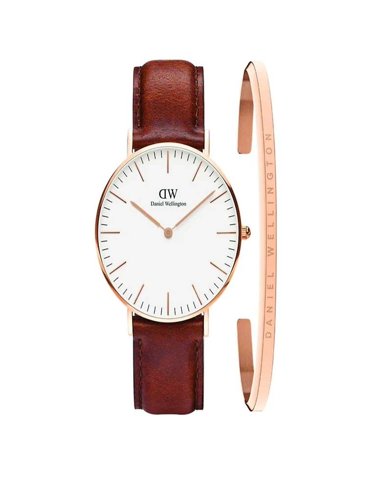 Daniel Wellington Unisex Analog Brown Leather Watch Set, 40mm