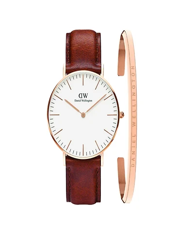 Daniel Wellington Unisex Analog Brown Leather Watch Set, 40mm