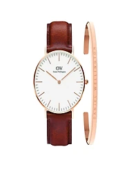 Daniel Wellington Unisex Analog Brown Leather Watch Set, 40mm