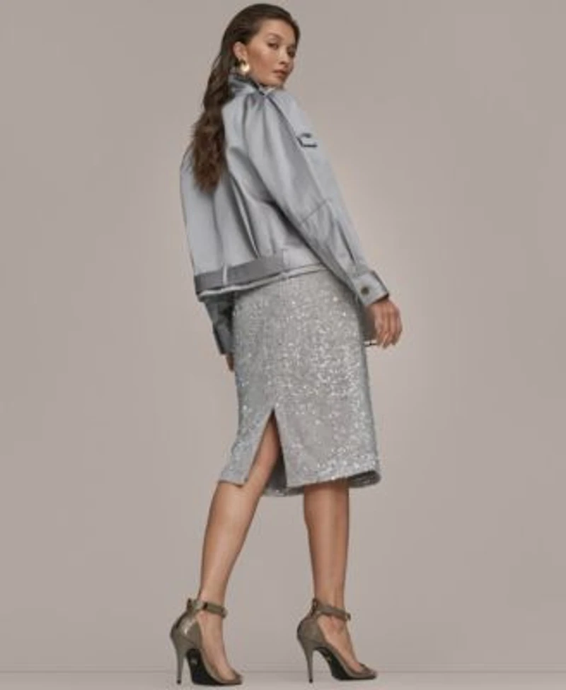 Donna Karan New York Womens Long Sleeve Belted Jacket Short Sleeve Mock Neck Sweater Sequin Detail Midi Skirt