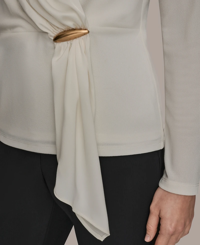 Donna Karan New York Women's Long Sleeves Drape Neck Bar Hardware Top