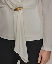 Donna Karan New York Women's Long Sleeves Drape Neck Bar Hardware Top