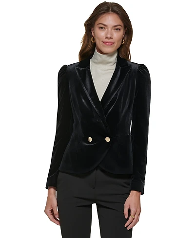 Dkny Petite Notch Collar Puff-Sleeve Velvet Jacket