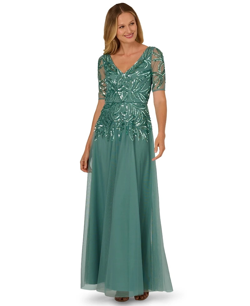 Adrianna Papell Women's Embellished Mesh V-Neck Gown