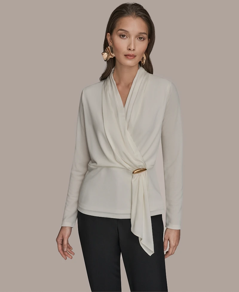 Donna Karan New York Women's Long Sleeves Drape Neck Bar Hardware Top