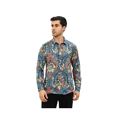 Campus Sutra Men's Aegean Blue Floral-Opulance Shirt