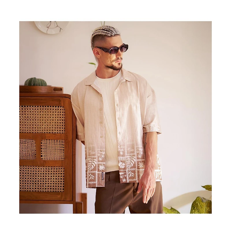 Campus Sutra Men's Ecru Beige Tropics Ombre-Tactile Shirt