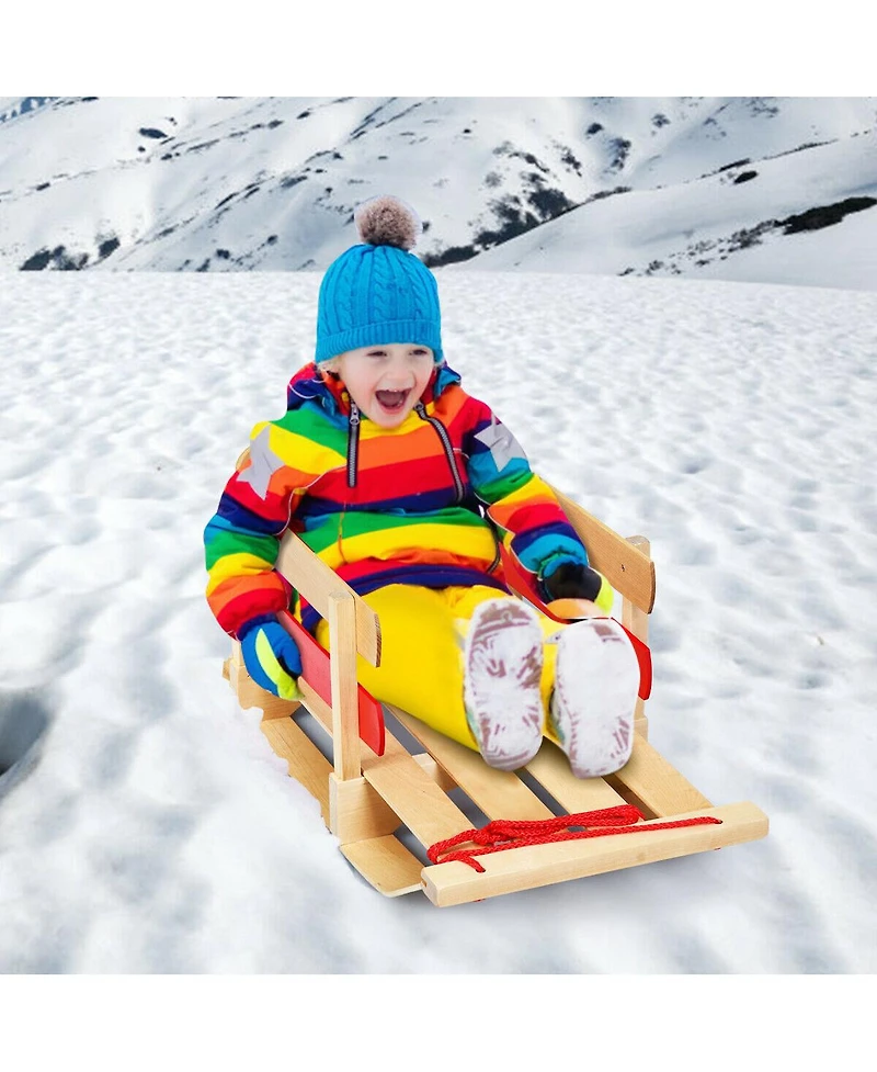 Hongge Wooden Snow Sled for Kids Classic Pull Sled with Backrest and Rope