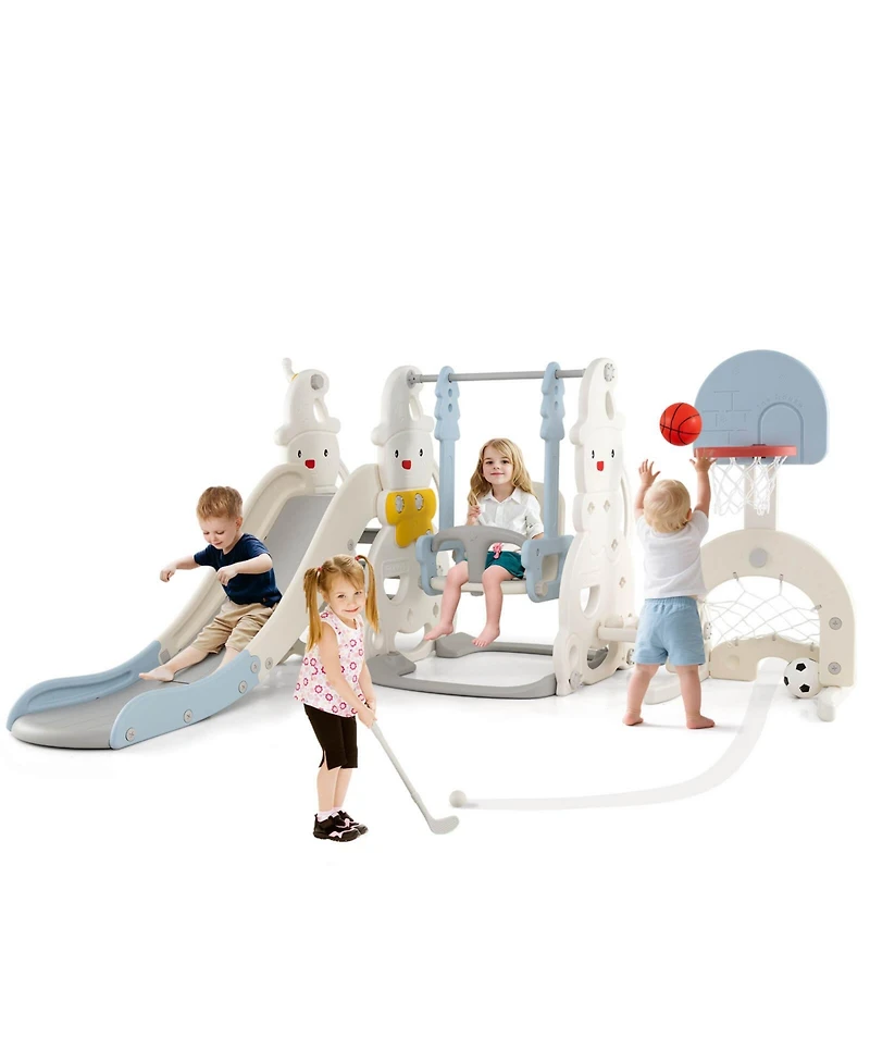Costway 7-in-1 Toddler Slide with Height Adjustable Basketball Hoop & Swing Golf Soccer