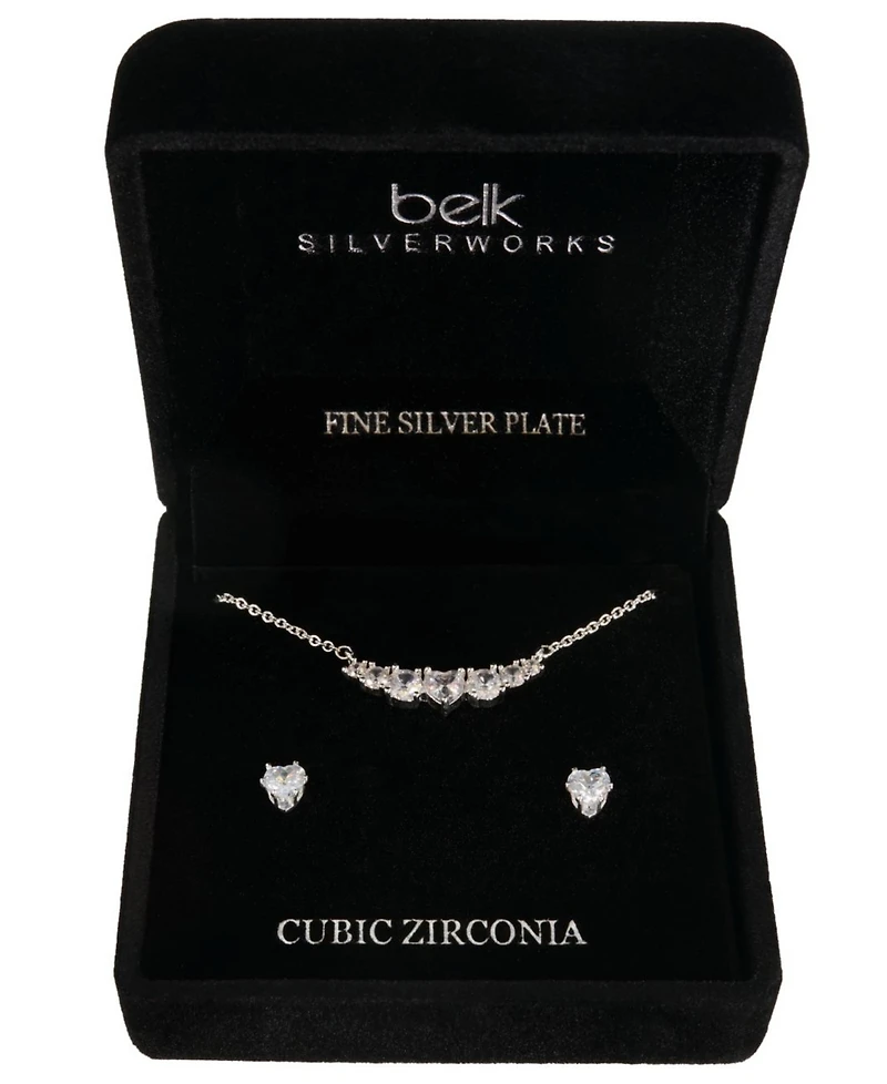 Giani Bernini Silver-Tone Cubic Zirconia Heart Necklace and Stud Earrings Set