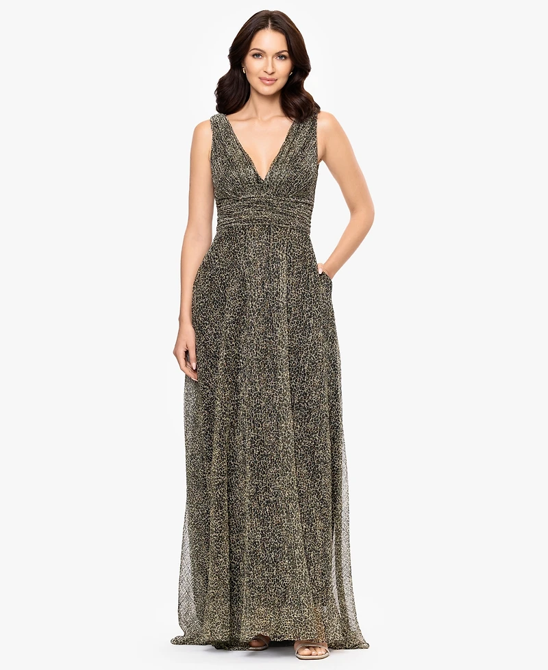 Betsy & Adam Women's V-Neck Pleated Animal Print Gown
