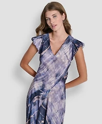 Dkny Women's Puff-Sleeve Printed Satin Bias Cut Dress