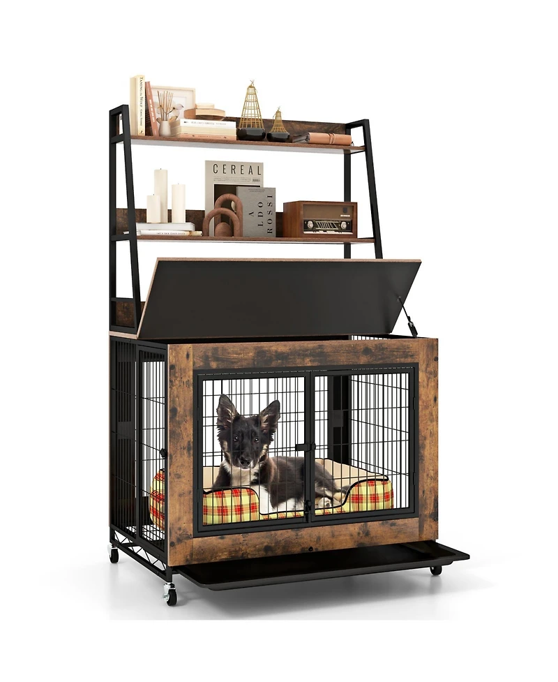 Gymax Dog Crate Furniture w/ Storage Shelves Industrial Dog Kennel w/ Flip-up Top
