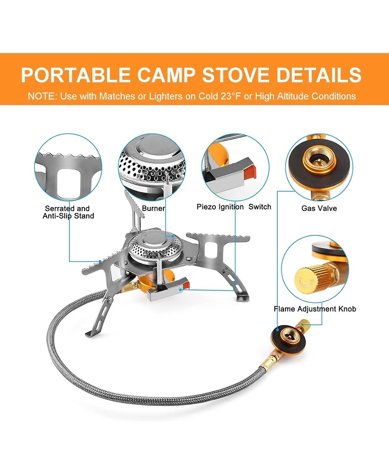 Camping Gas Stove, 3700W Portable Backpacking Stove with Piezo Ignition, Portable Burner, Camping Stove Adapter and Carrying Case for Outdoor Cooking