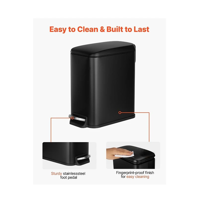 Slickblue Slim 6L Bathroom Trash Can with Step Pedal, Soft-Close Lid & Detachable Bin, Black
