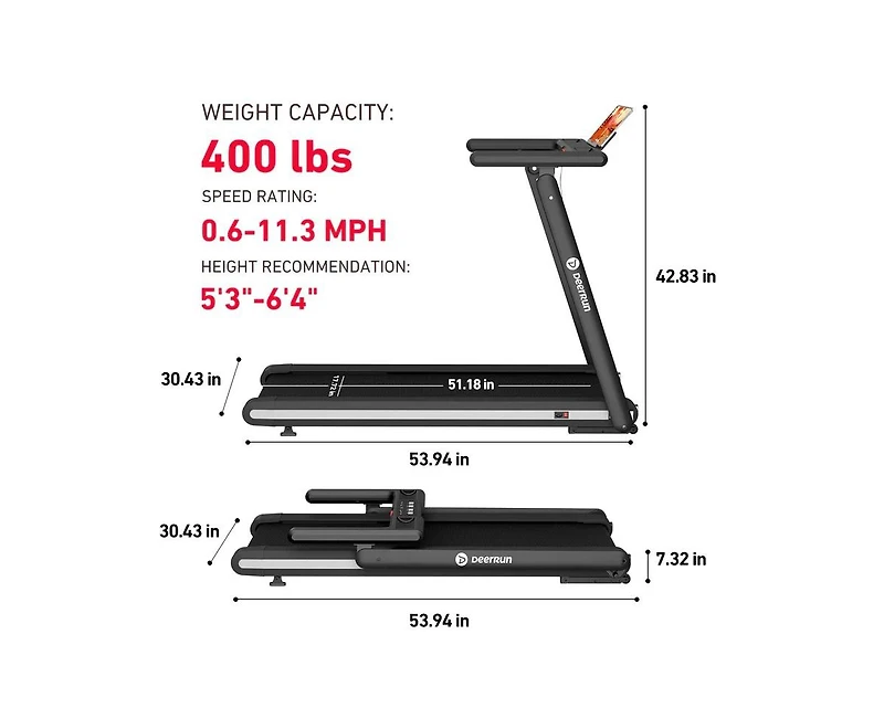 DeerRun Update Treadmill With 15% Auto Incline Full Running Deck Treadmill 400Lbs, 11.3Mph