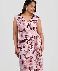 Connected Plus Floral-Print Surplice-Neck Gown