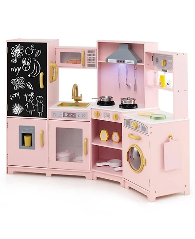 Gymax Corner Kids Play Kitchen Wooden Pretend Toy Kitchen w/ Realistic Lights