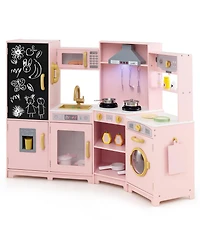 Gymax Corner Kids Play Kitchen Wooden Pretend Toy Kitchen w/ Realistic Lights