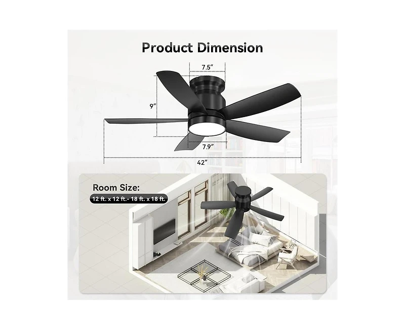 42-inch Modern Black 5-Blade Ceiling Fan With 6-Speed Adjustable Wind Speed and Light Kit