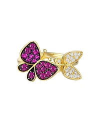 14k Gold Plated Sterling Silver with Red & Cubic Zirconia Double Butterfly Stacking Ring
