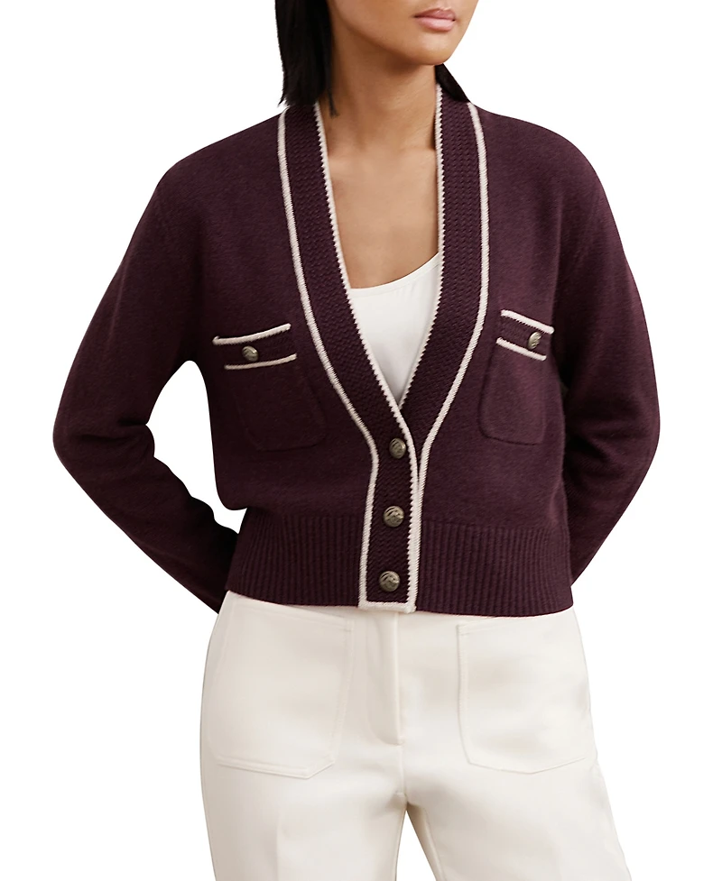 Reiss Women's Wool-Cashmere Tipped V-Neck Cardigan Sweater