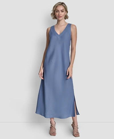 Dkny Women's Linen Panelled V-Neck Midi Dress