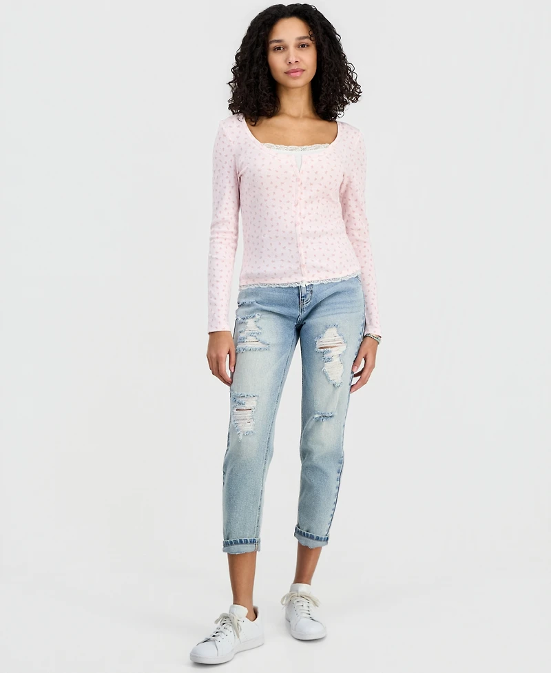 Hippie Rose Juniors' Lace Two-Fer Long-Sleeve Top