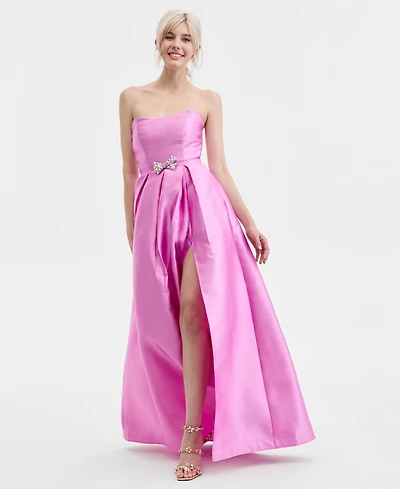pear culture Juniors' Strapless Embellished-Bow Gown