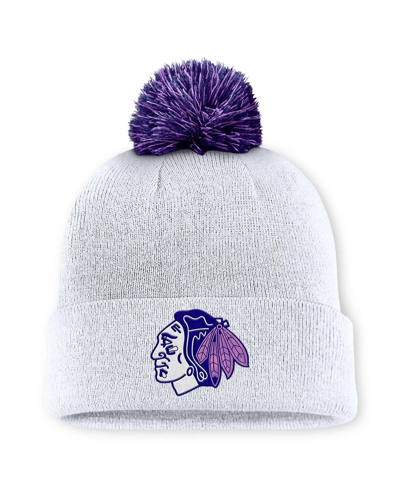 Fanatics Men's White Chicago Blackhawks Authentic Pro Hockey Fights Cancer Cuffed Knit Hat with Pom