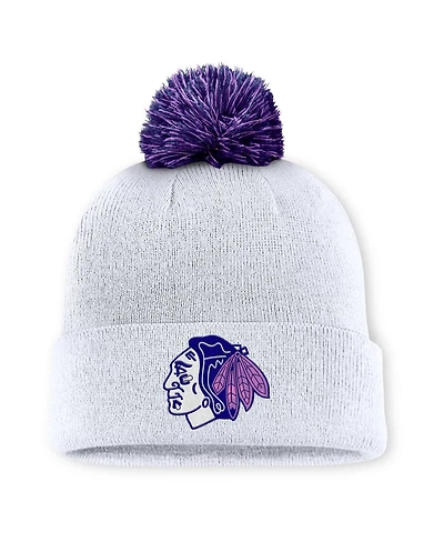 Fanatics Men's White Chicago Blackhawks Authentic Pro Hockey Fights Cancer Cuffed Knit Hat with Pom