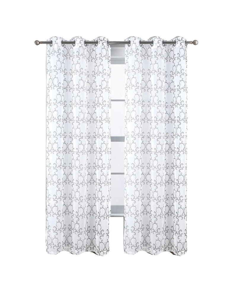 Rt Designers Collection Crown Grommet Sheer Metallic Printed Doily Curtain Panel 54" x 90" Silver