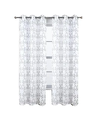 Rt Designers Collection Crown Grommet Sheer Metallic Printed Doily Curtain Panel 54" x 90" Silver