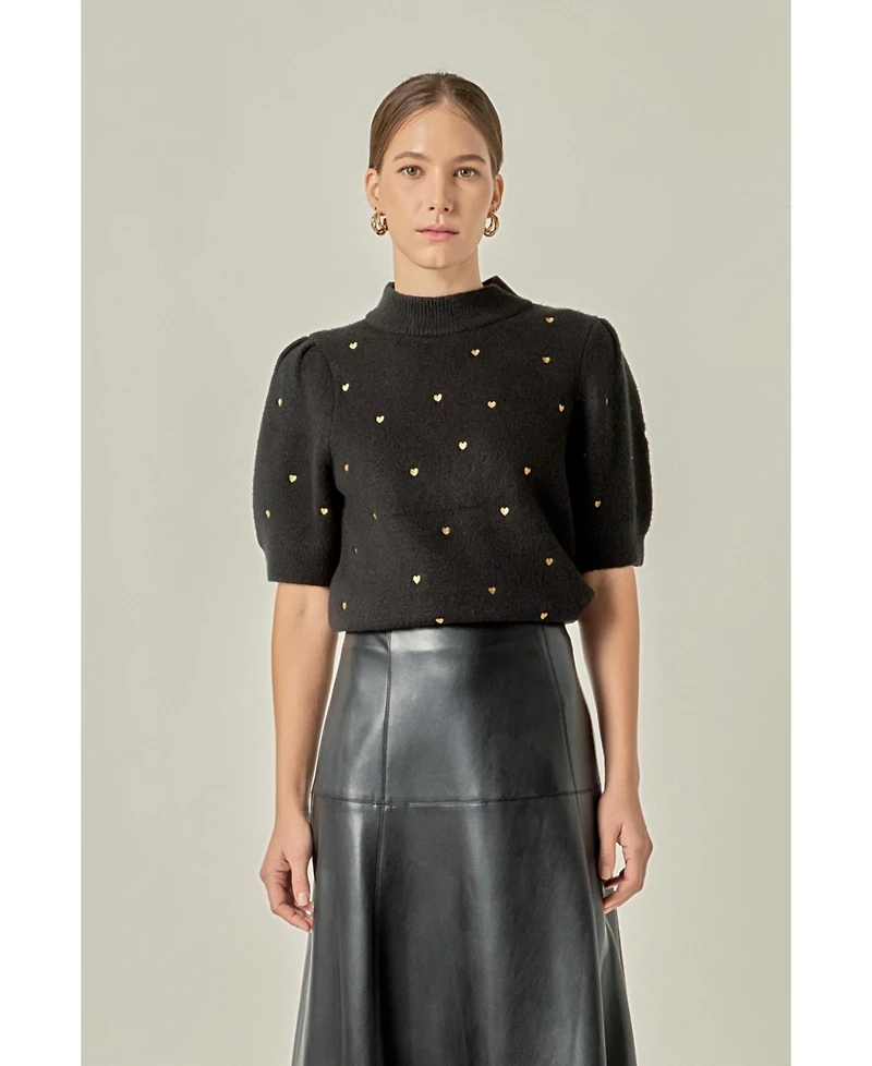 English Factory Women's Heart Women's-Embroidered Puff Sleeve Knit