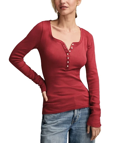 Lucky Brand Women's Valentine Pointelle Trim Rib Henley Top