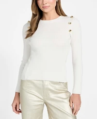 Guess Women's Long-Sleeve Rib Logo Button Vonn Sweater