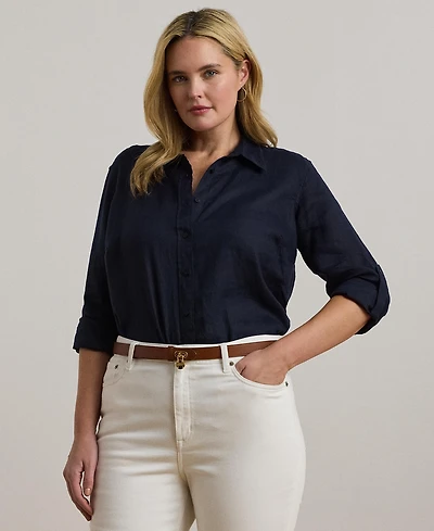 Lauren Ralph Plus 100% Linen Roll-Tab Shirt