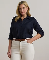 Lauren Ralph Plus 100% Linen Roll-Tab Shirt