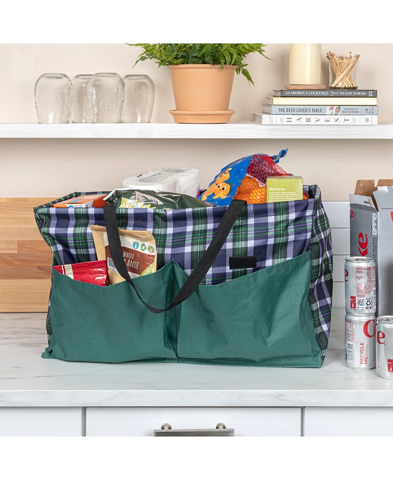 Household Essentials Plaid Krush Container All-Purpose Utility Tote with Green Pockets