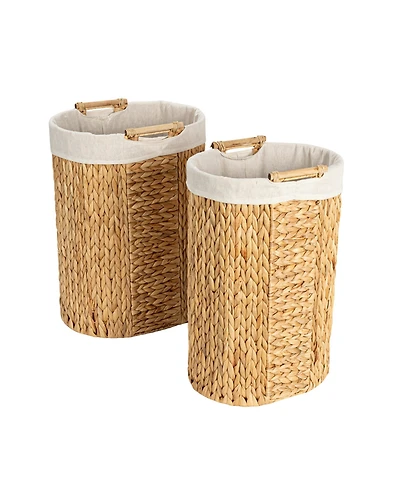 Household Essentials Handwoven Water Hyacinth Oval Hamper Set with Cotton Lining, Natural, Set of 2