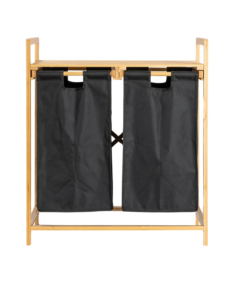 Household Essentials Pull Out Double Hamper with Shelf, Natural and Black