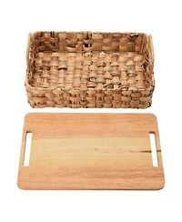 Household Essentials Stackable Hyacinth Baskets with Oak Lids, Natural Set of 2