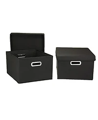 Household Essentials Storage Bins with Lids and Chromed Grommet Handles, Set of 2, Black