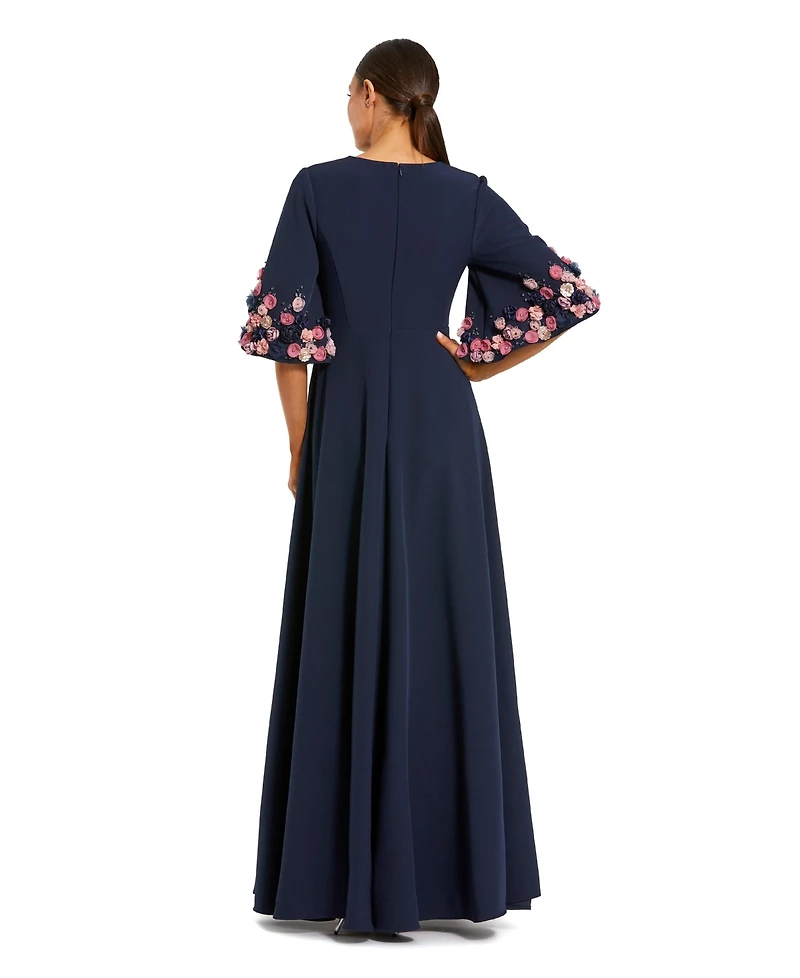 Mac Duggal Women's Crepe 3/4 Sleeve A-line Gown With Flower Trim