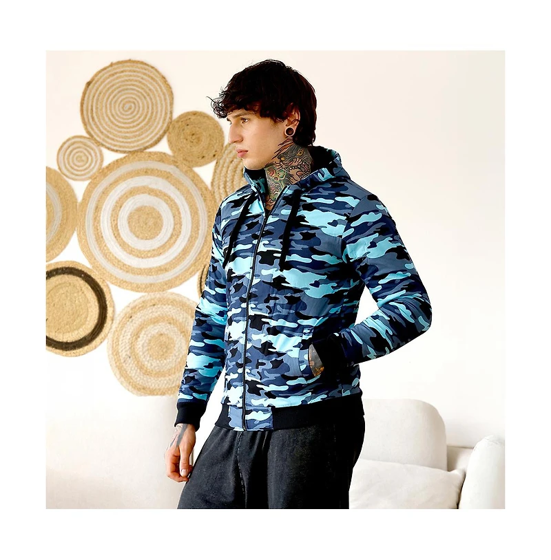 Campus Sutra Men's Navy Blue Camouflage Fleece-Lined Jacket