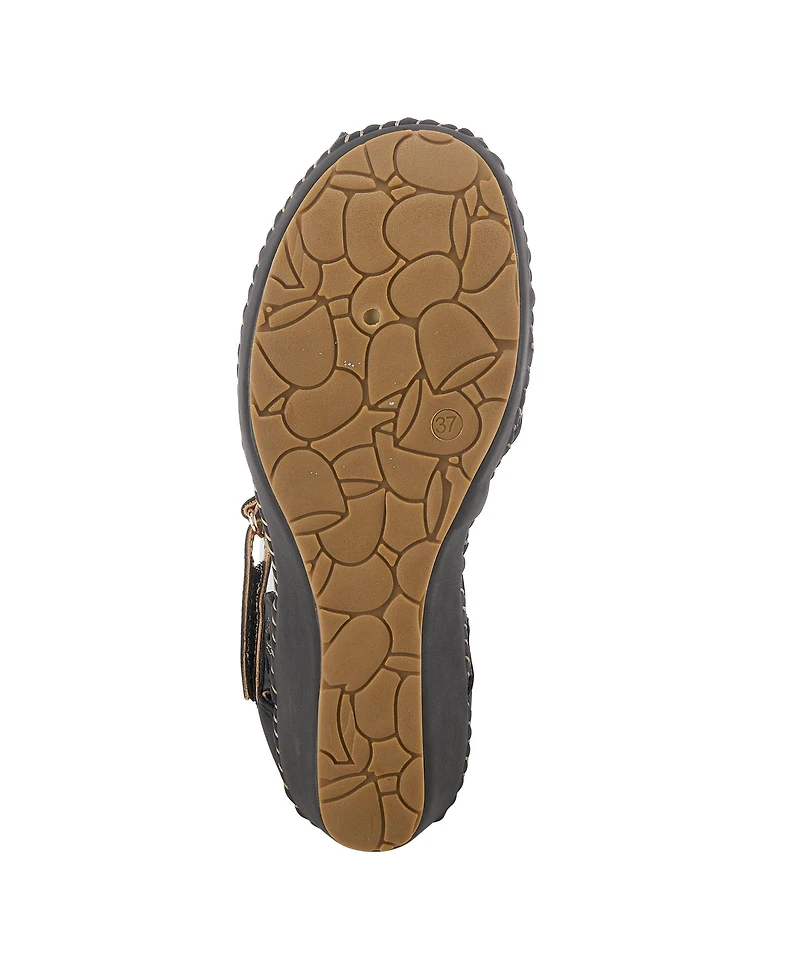 Patrizia Women s Gennina Embroidered Laser-Cut Peep-Toe Wedge with Adjustable Strap