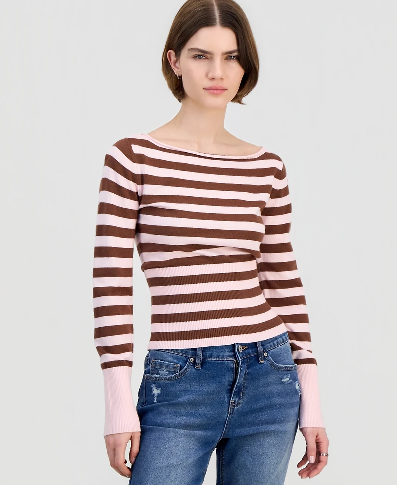 Ultra Flirt Juniors' Boat-Neck High Rib Start Striped Sweater