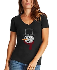 La Pop Art Women's Snowman Face Word V-Neck T-Shirt