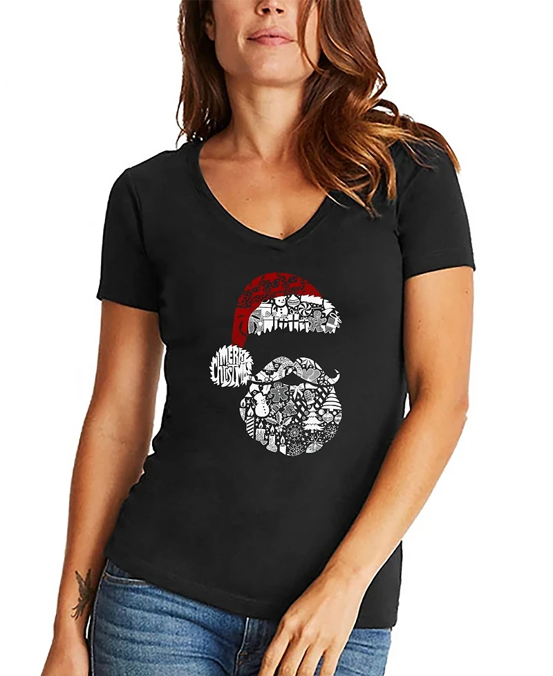 La Pop Art Women's Santa Pics Word V-Neck T-Shirt
