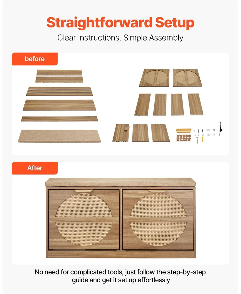 Slickblue Entryway Shoe Bench with Flip Drawer and Rattan-Style Rack